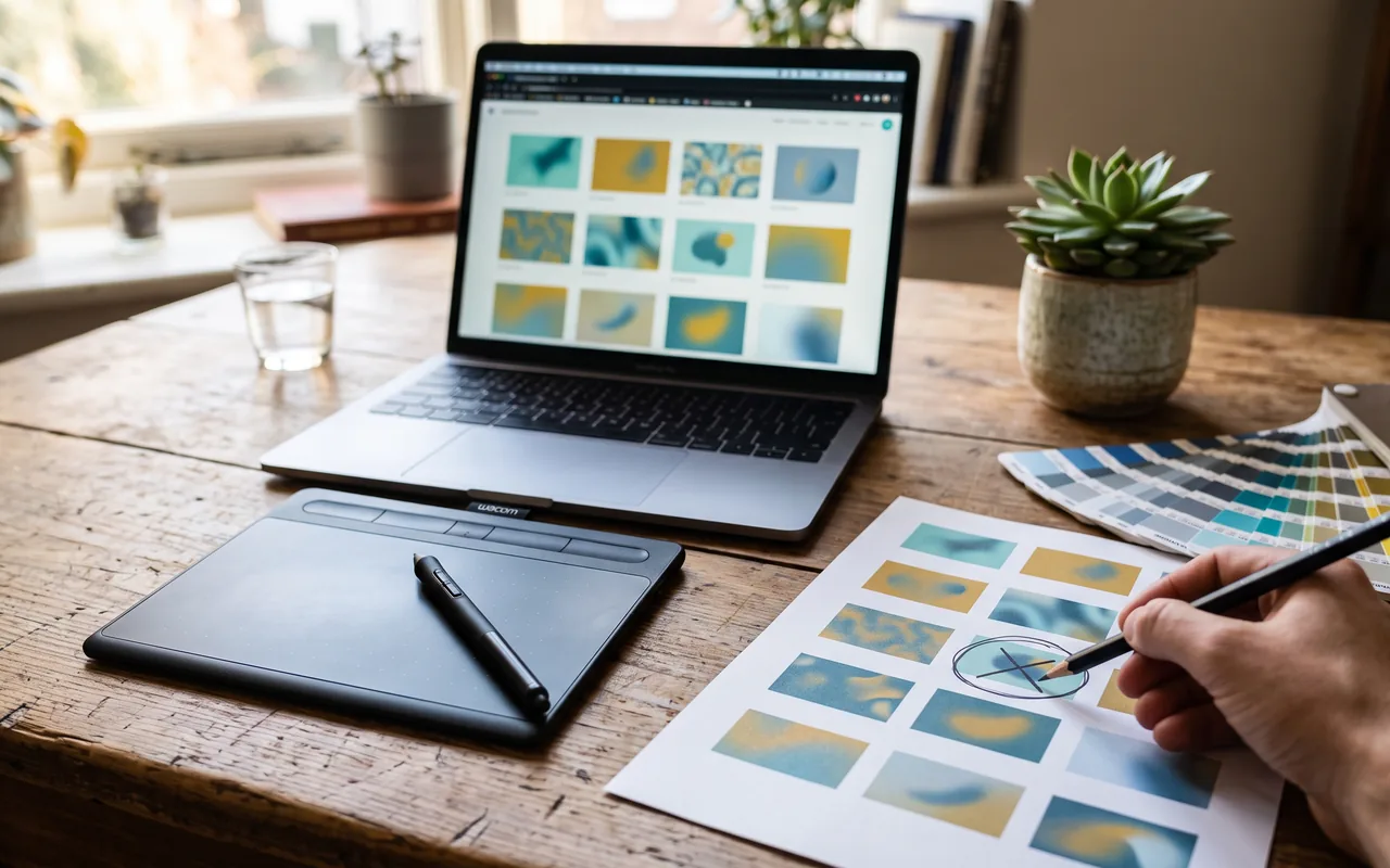 A sunlit wooden desk with a graphics tablet and stylus beside an open laptop showing a grid of abstract blue and yellow thumbnail images, a hand marking one printed thumbnail with a pencil, a fanned set of color swatches, and a potted succulent.