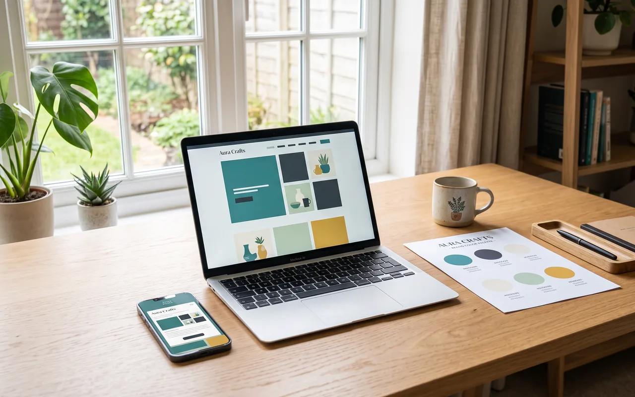 An open laptop and a phone on a light wooden desk by a garden window, both screens showing the same craft shop’s teal, charcoal, and mustard layout, with a printed sheet of the shop’s color swatches, a plant-print mug, and potted plants on the sill.
