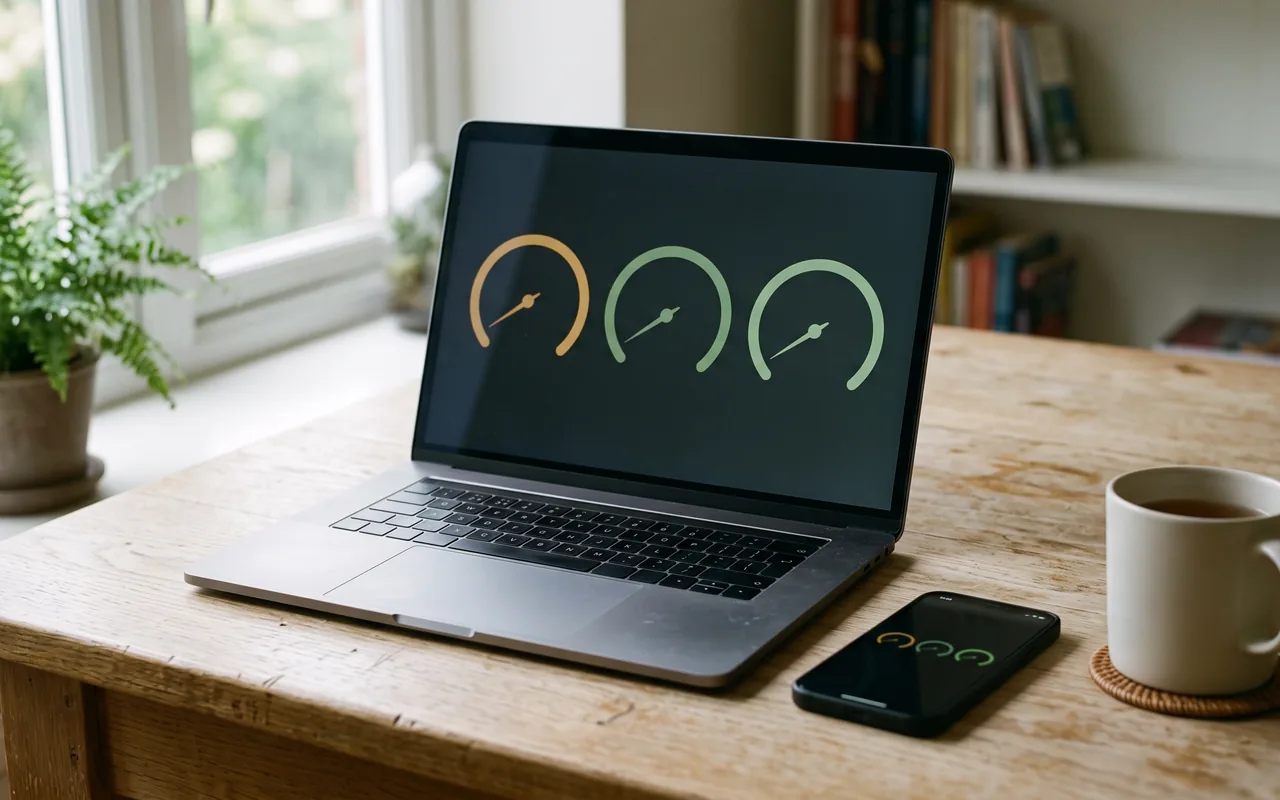 A laptop on a wooden desk by a window, its screen showing three simple gauge dials, one amber and two green, with a phone showing the same three beside it and a mug of tea alongside.