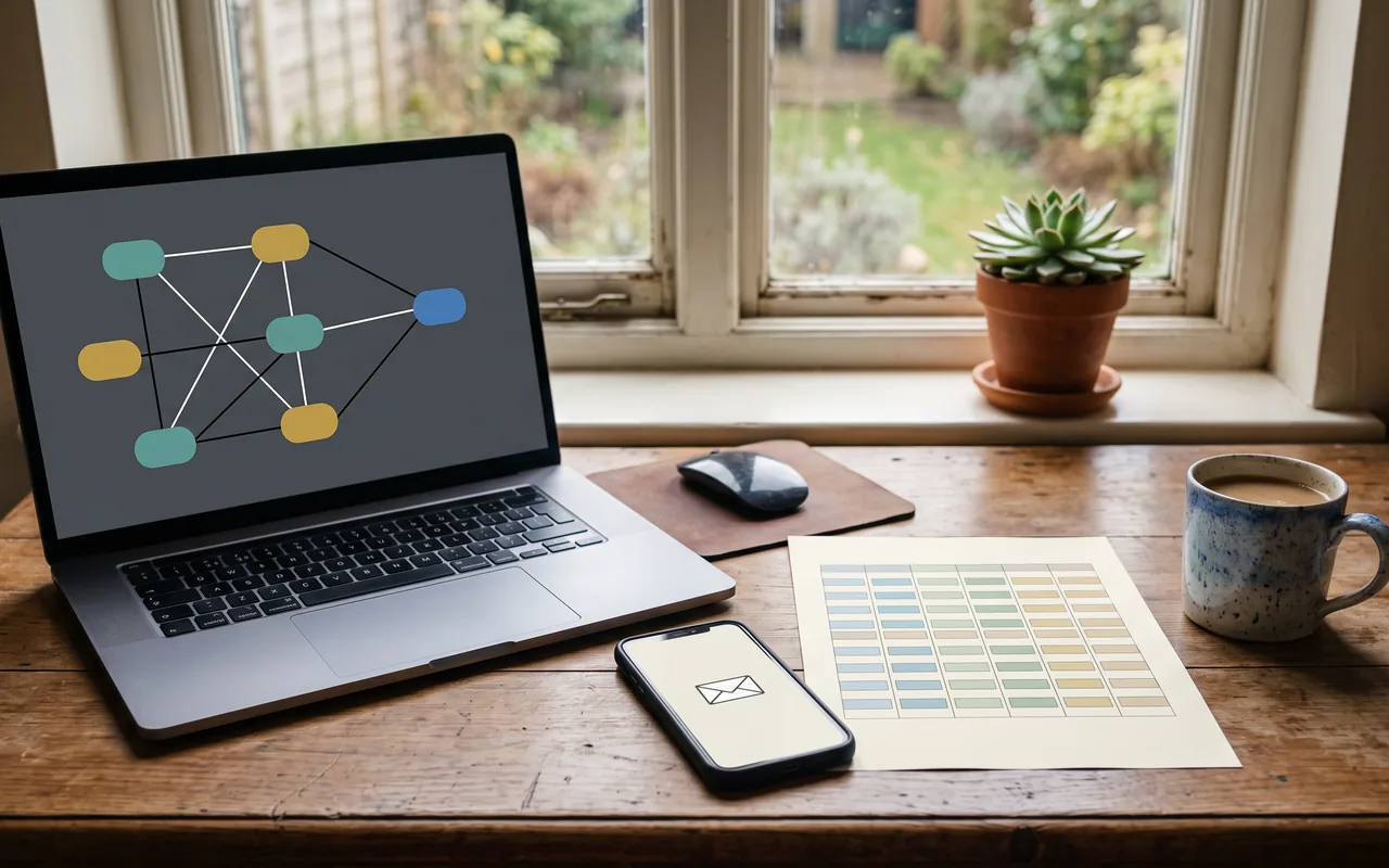 An open laptop on a wooden desk by a garden window, its screen showing an abstract diagram of teal, mustard, and blue nodes joined by lines, with a phone displaying an envelope icon, a printed sheet gridded with soft color swatches, a potted succulent on the sill, and a blue-speckled mug of coffee.