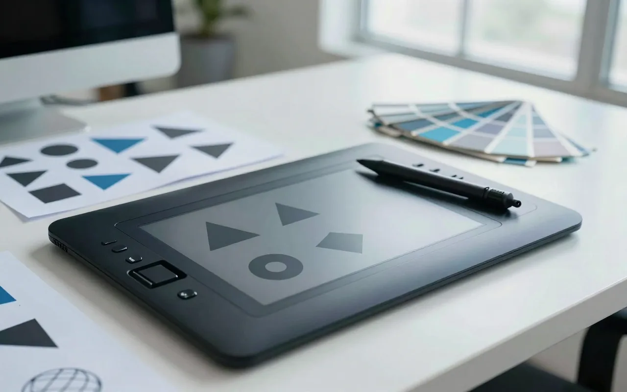 A graphics tablet and stylus on a designer’s desk, beside printed sheets of simple geometric marks and a fan of blue and grey colour chips.