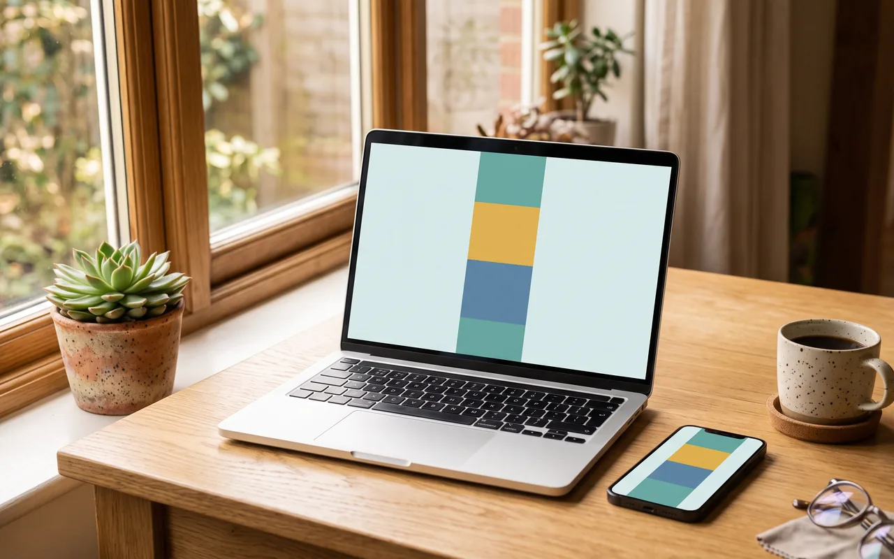 An open laptop on a light oak desk beside a garden window, its screen showing a single tall column of teal, mustard, and blue blocks on a pale background, with a phone lying beside it showing the same column, a potted succulent on the sill, a speckled mug of coffee on a cork coaster, and a pair of glasses at the edge of the desk.