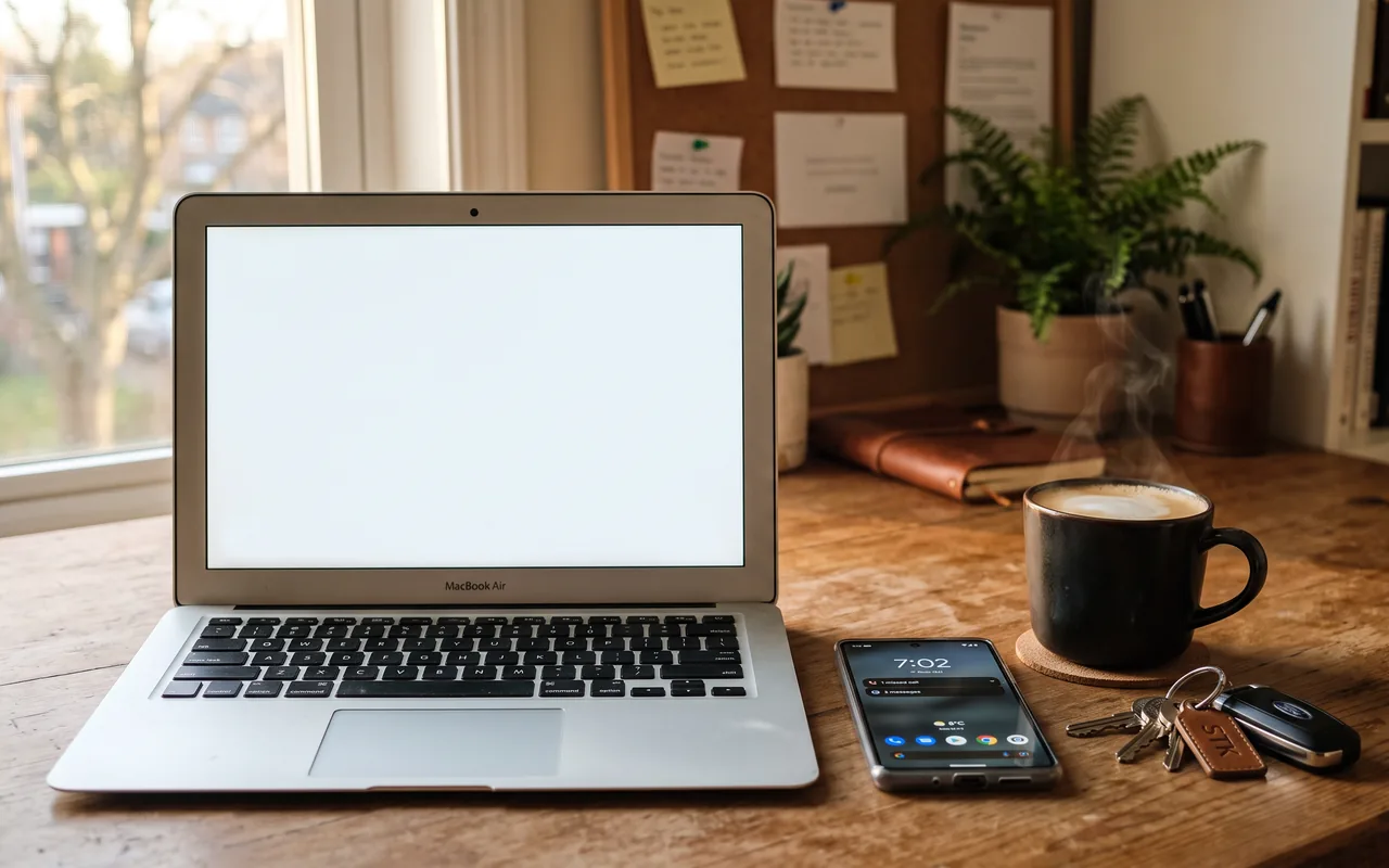 An open laptop on a wooden desk in morning window light, its screen blank white, with a phone beside it lit by a missed-call notification, a steaming cup of coffee on a cork coaster, and a set of keys.