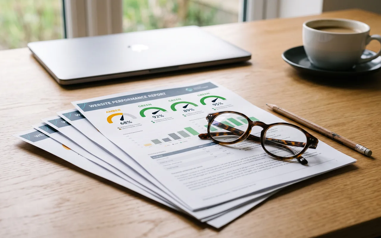 A printed website performance report on a wooden desk, its front page showing four gauge dials, one amber and three green, with tortoiseshell reading glasses and a pencil resting on the fanned pages and a closed laptop and cup of coffee behind.