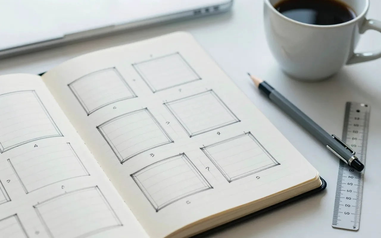 An open notebook of hand-drawn page wireframes, with a pencil, a steel ruler and a cup of coffee on a pale desk.