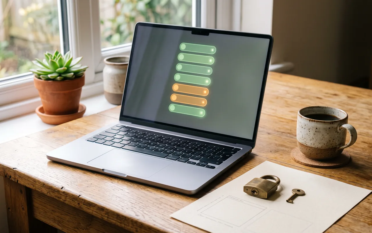 An open laptop on a wooden desk in soft window light, its screen showing a vertical checklist of glowing rounded bars, five green and two amber, with a potted succulent on the sill, a brass padlock and key resting on a printed sheet, and a speckled mug of coffee on a cork coaster.