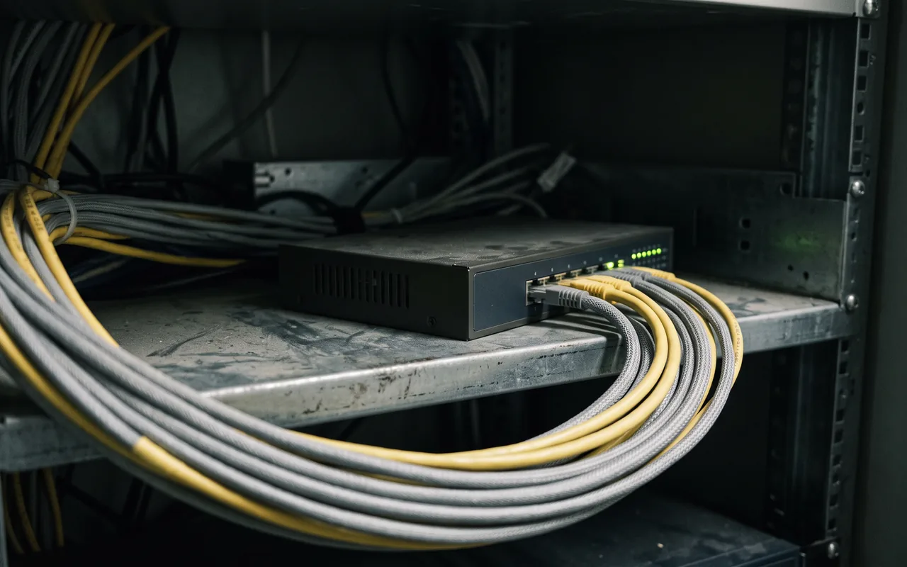 A network switch on a metal shelf inside a dim server cabinet, a row of small green indicator lights along its front edge, with coils of grey and yellow patch cables looping through the foreground.