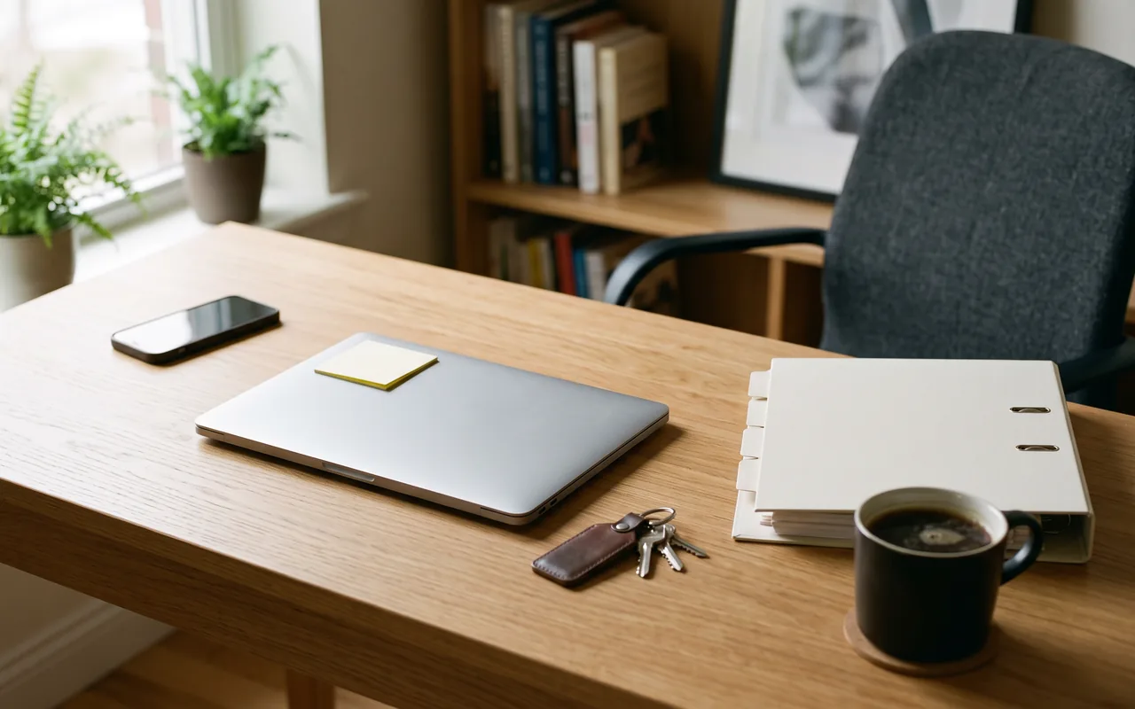 A closed silver laptop with a blank yellow sticky note on its lid, on a light oak desk in soft window light, with a phone lying face down, a bunch of keys on a leather fob, a white ring binder, a black mug of coffee, and an empty grey office chair pushed back behind the desk.