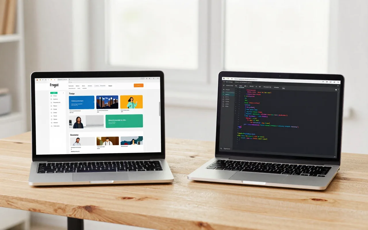 Two laptops side by side on a wooden desk, one showing a page-builder layout of colored blocks, the other a dark editor full of code.
