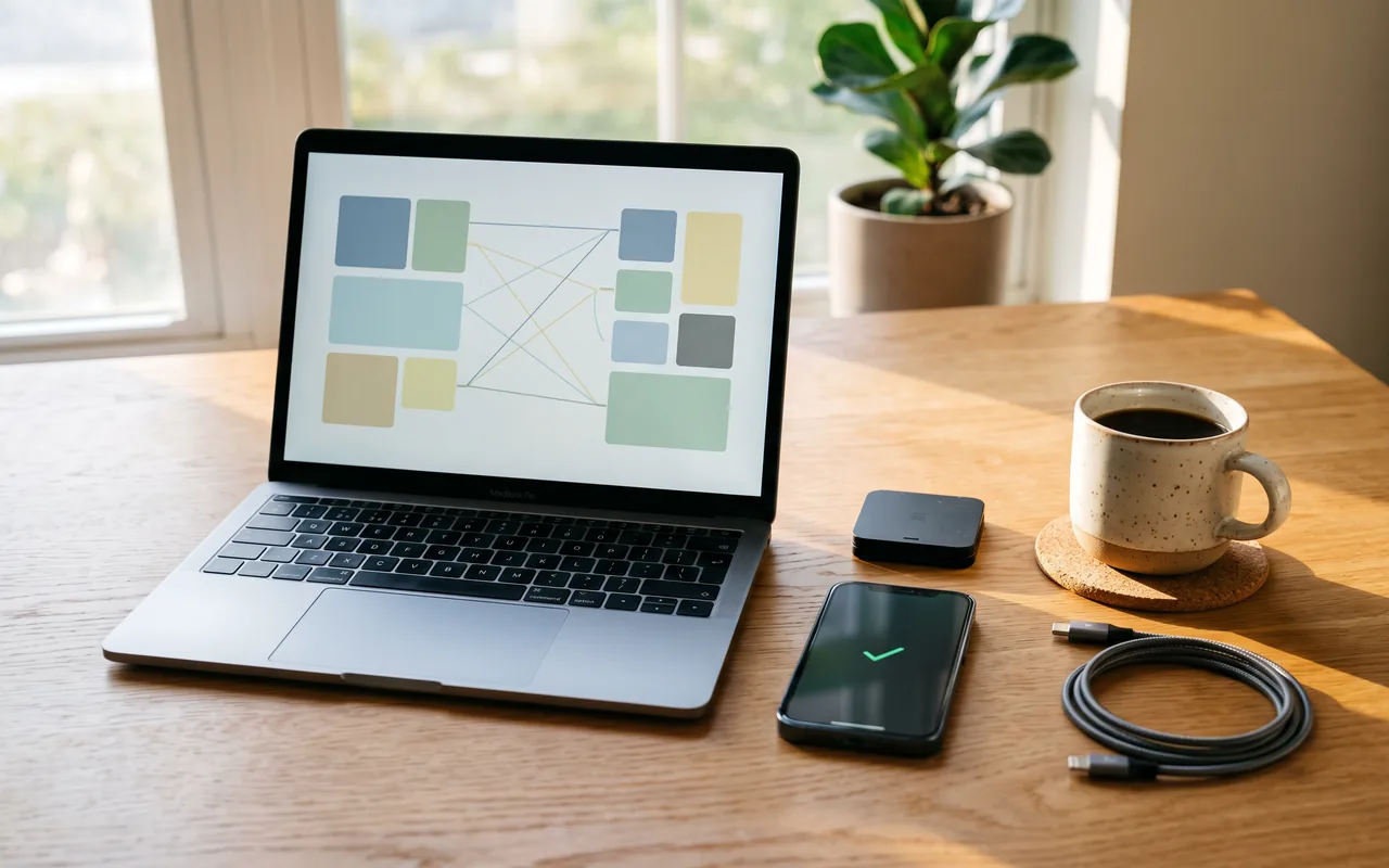 A laptop open on a sunlit wooden desk by a window, its screen showing an abstract dashboard of soft blue, green, and mustard blocks joined by thin connecting lines, with a phone showing a single green checkmark, a small black card reader, a speckled mug of coffee on a cork coaster, a coiled braided cable, and a potted plant on the windowsill.