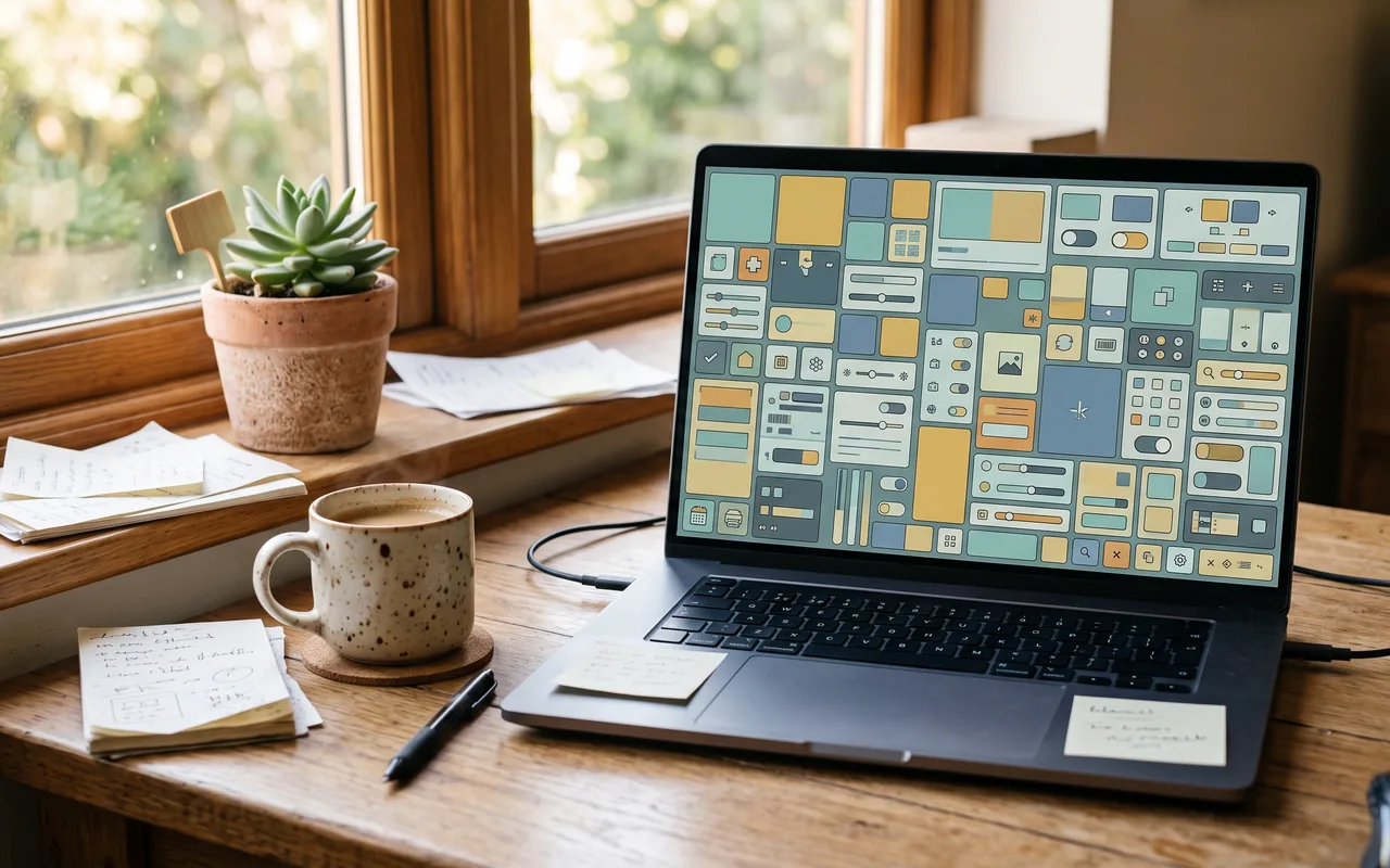 An open laptop on a wooden desk by a sunlit window, its screen filled with dozens of small mismatched teal, mustard, and blue interface tiles, sliders, and buttons packed edge to edge, with a potted succulent on the sill, scattered handwritten notes, and a speckled mug of coffee on a cork coaster.