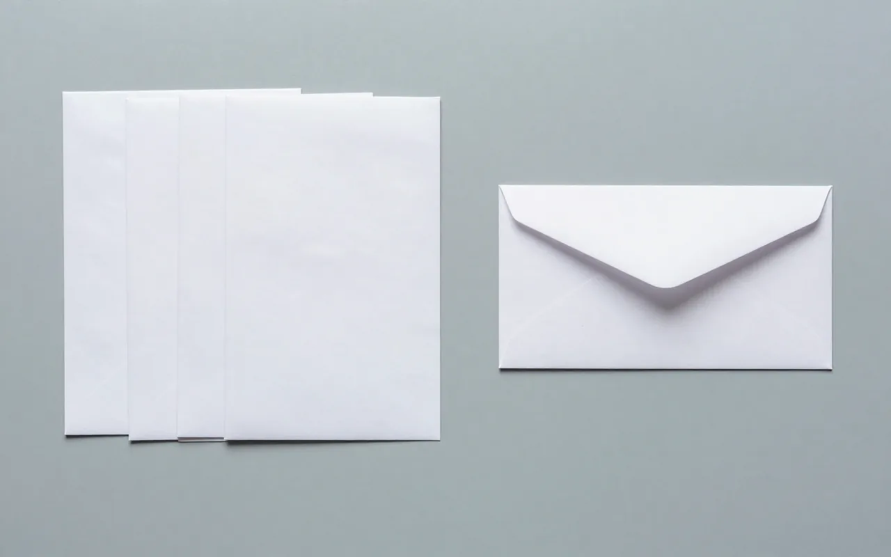 A neat stack of blank white envelopes on a grey surface, with one envelope sitting alone across a wide gap from the rest.