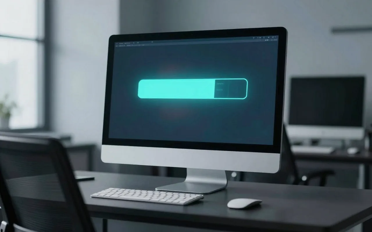 A desktop monitor alone in a dim office, its screen showing a half-filled cyan progress bar.