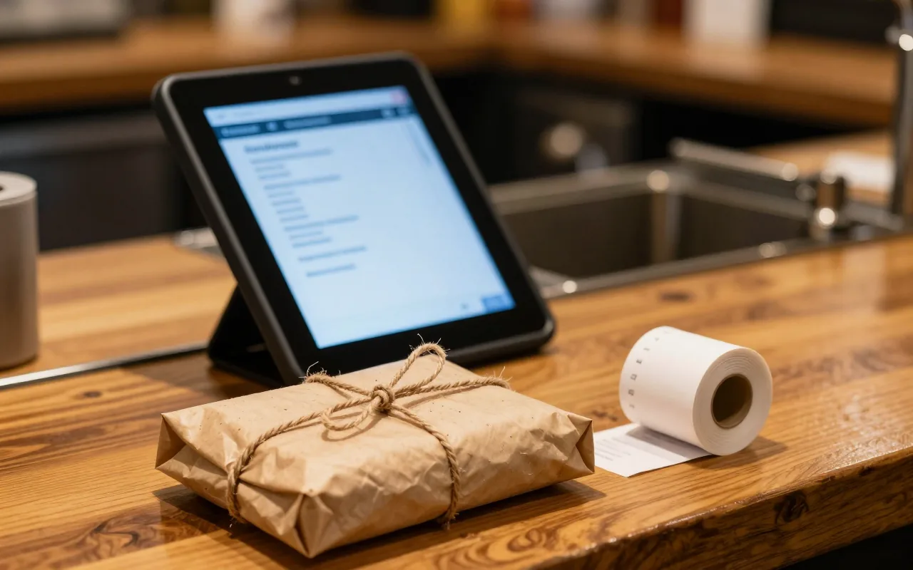 A butcher-paper parcel tied with twine on a wooden restaurant counter, with a tablet showing an ordering screen behind it and a roll of receipt paper alongside.
