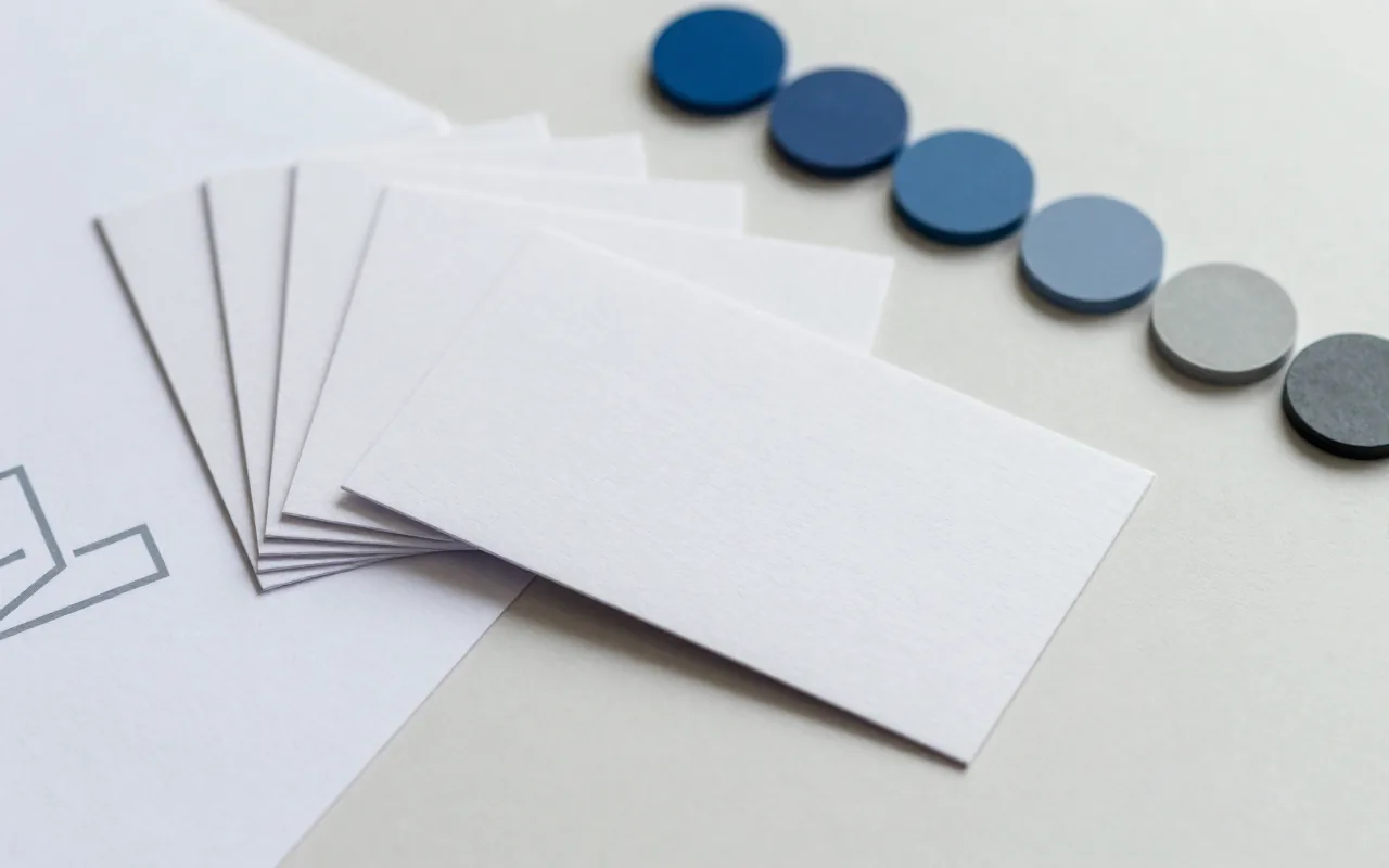 Blank business cards fanned out on a pale surface beside a printed sheet showing a simple geometric mark and a row of blue and grey colour chips.