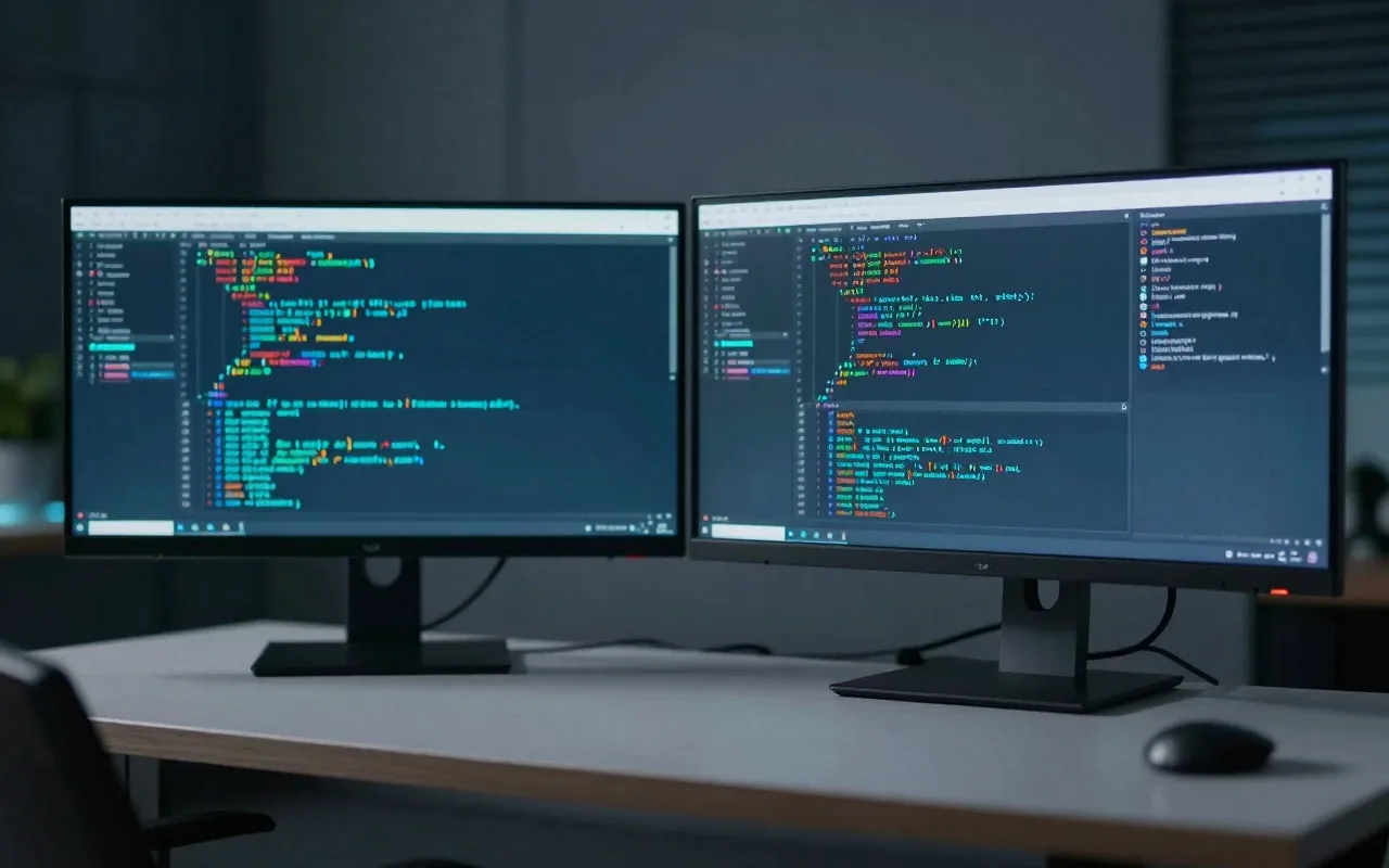 Two monitors on a desk in a dim studio, both filled with softly blurred lines of colourful code.