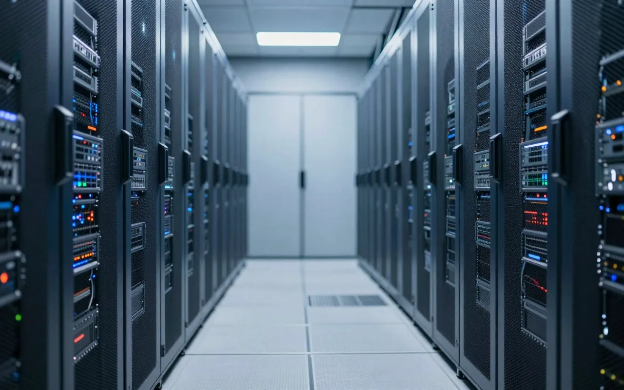 An aisle of server cabinets in a data centre, status lights glowing along both rows under cool blue lighting.