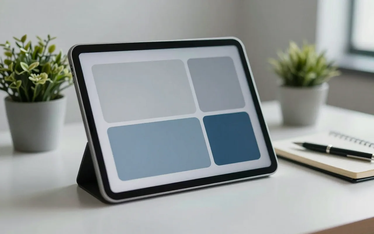 A tablet propped on a stand on a pale desk, its screen showing a simple page layout of grey and blue blocks, beside a notebook and a small plant.